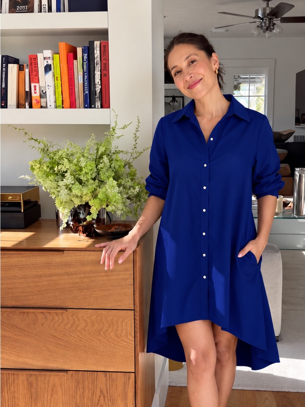 Button-Front High-Low Shirt Dress in Royal Blue
